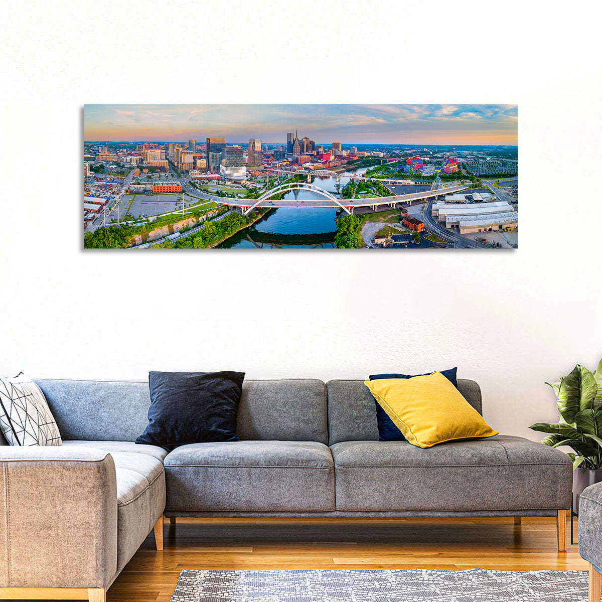 Nashville Skyline at Golden Hour Wall Art in a room, panoramic