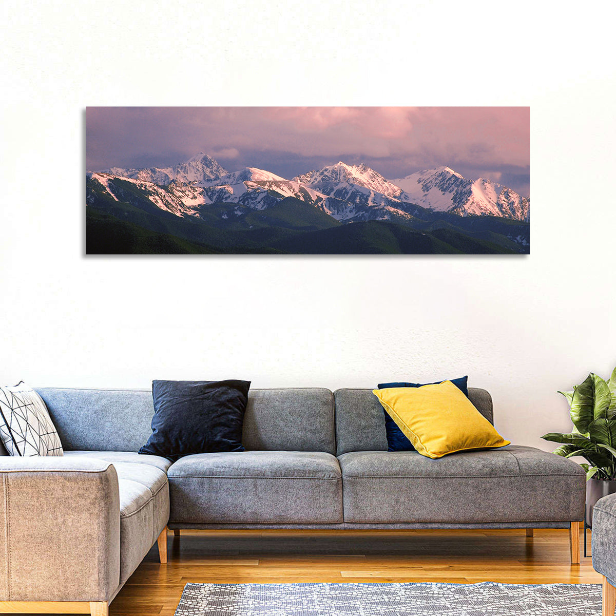Spanish Peaks Alpenglow Montana Wall Art in a room, panoramic