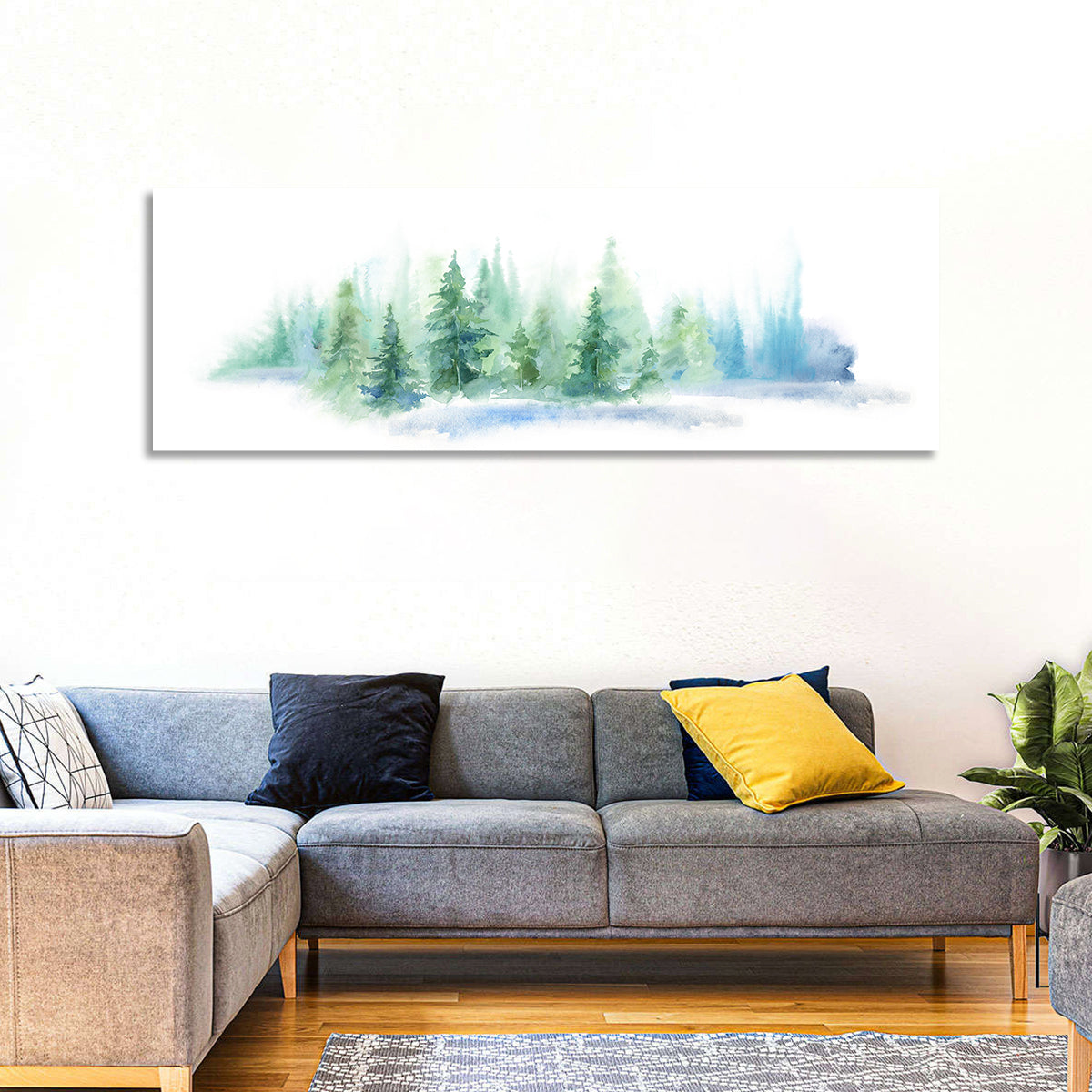 Misty Pine Forest Watercolor Wall Art in a room, panoramic