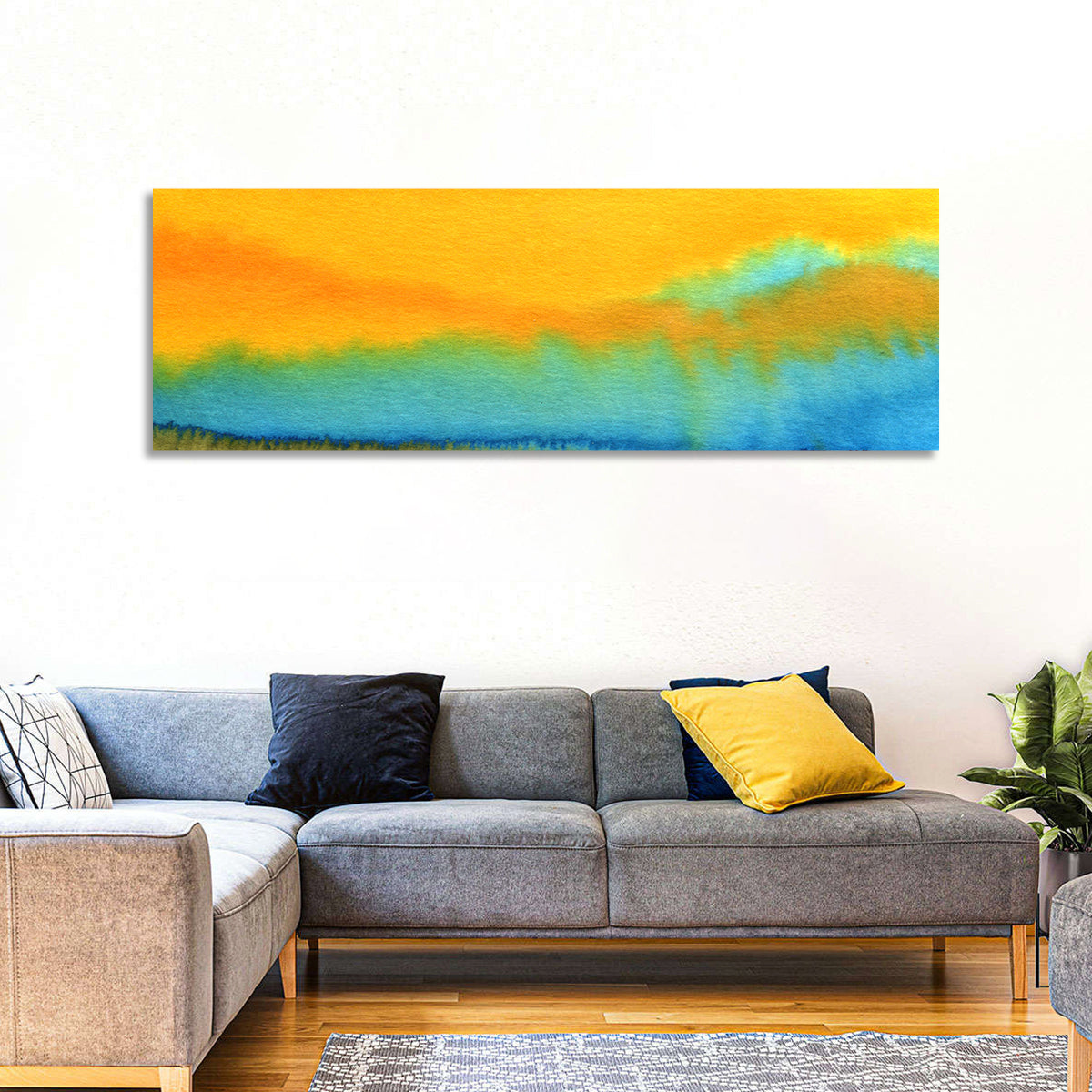 Sunset Horizon Watercolor Wall Art in a room, panoramic
