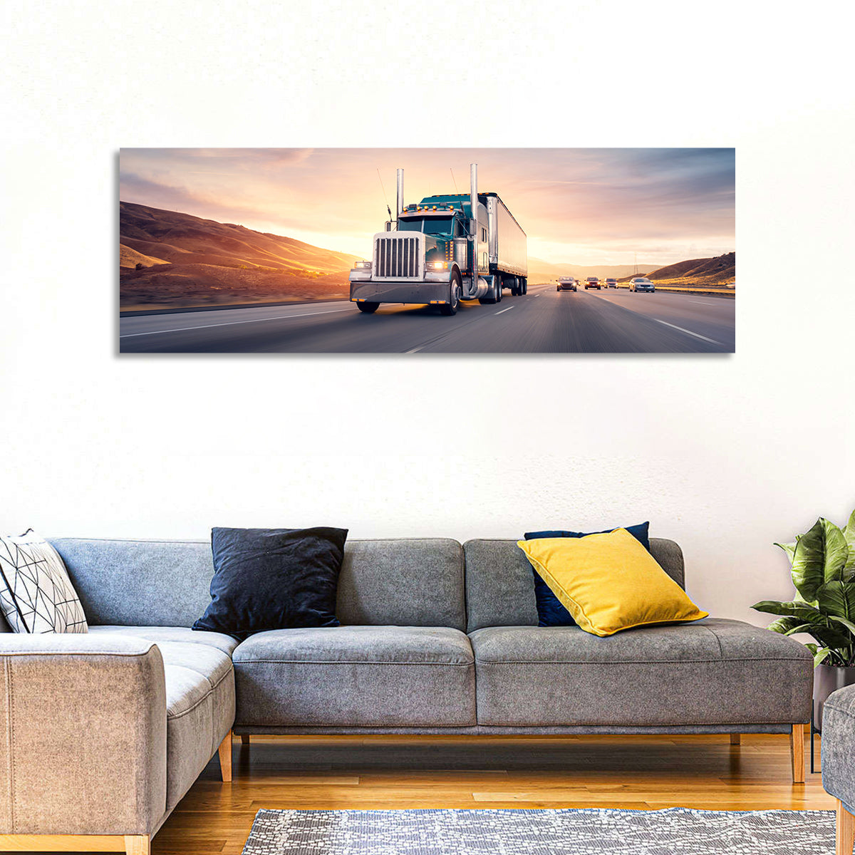 Semi Truck Highway Sunset Wall Art
