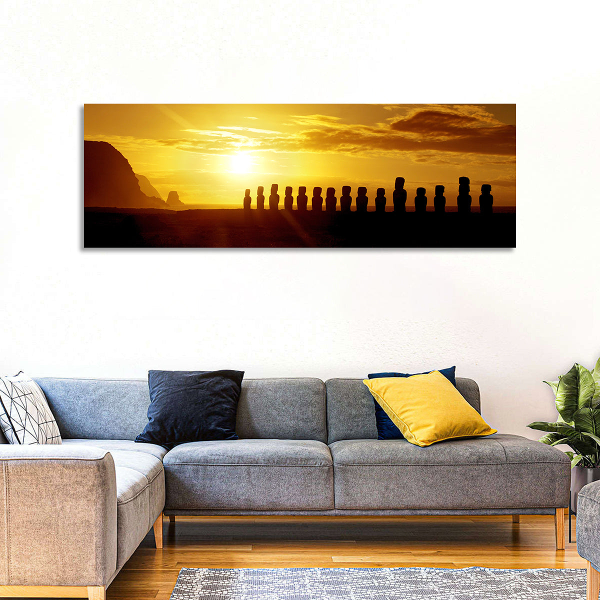 Easter Island Moai at Sunset Wall Art in a room, panoramic