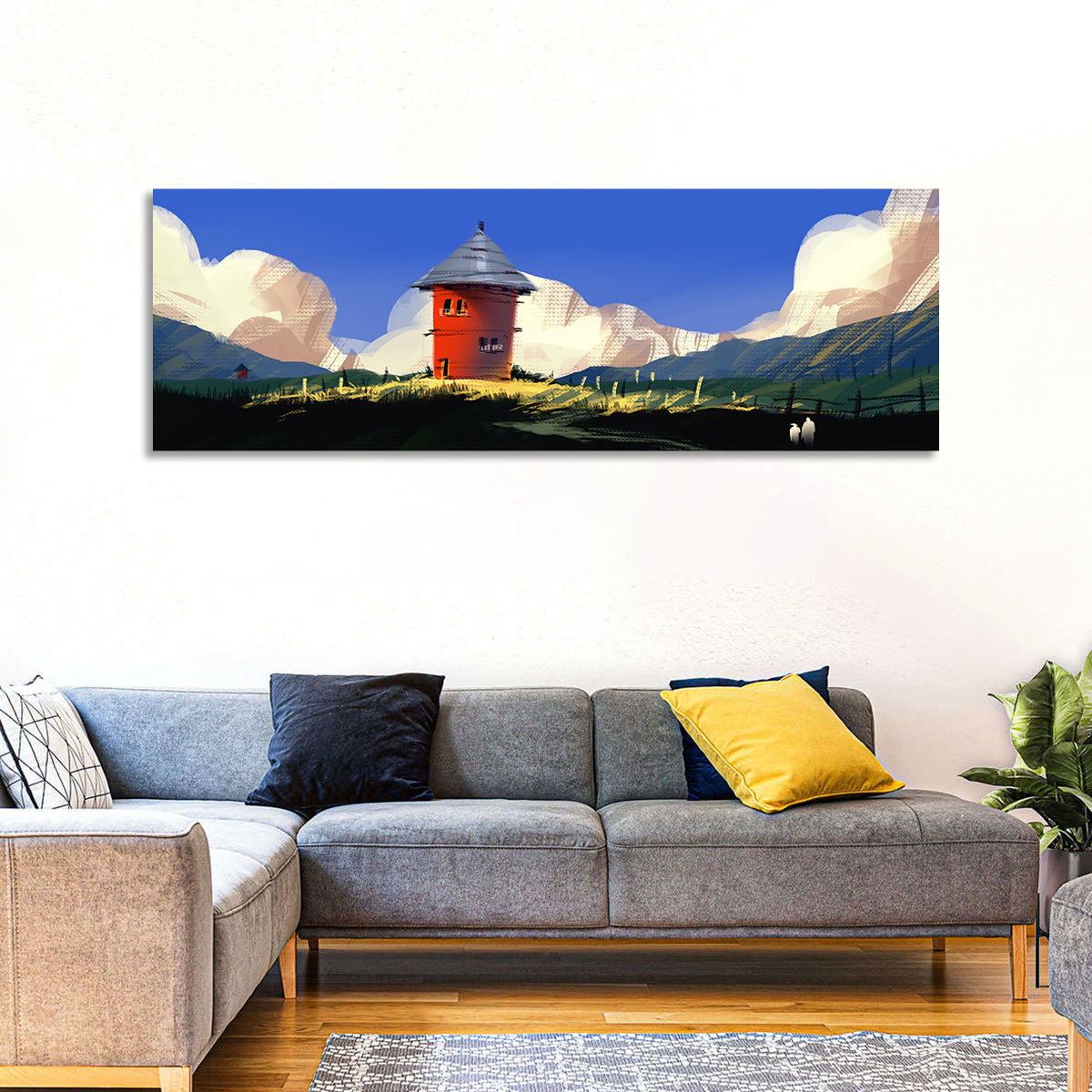 Red Tower in Meadow Wall Art in a room, panoramic