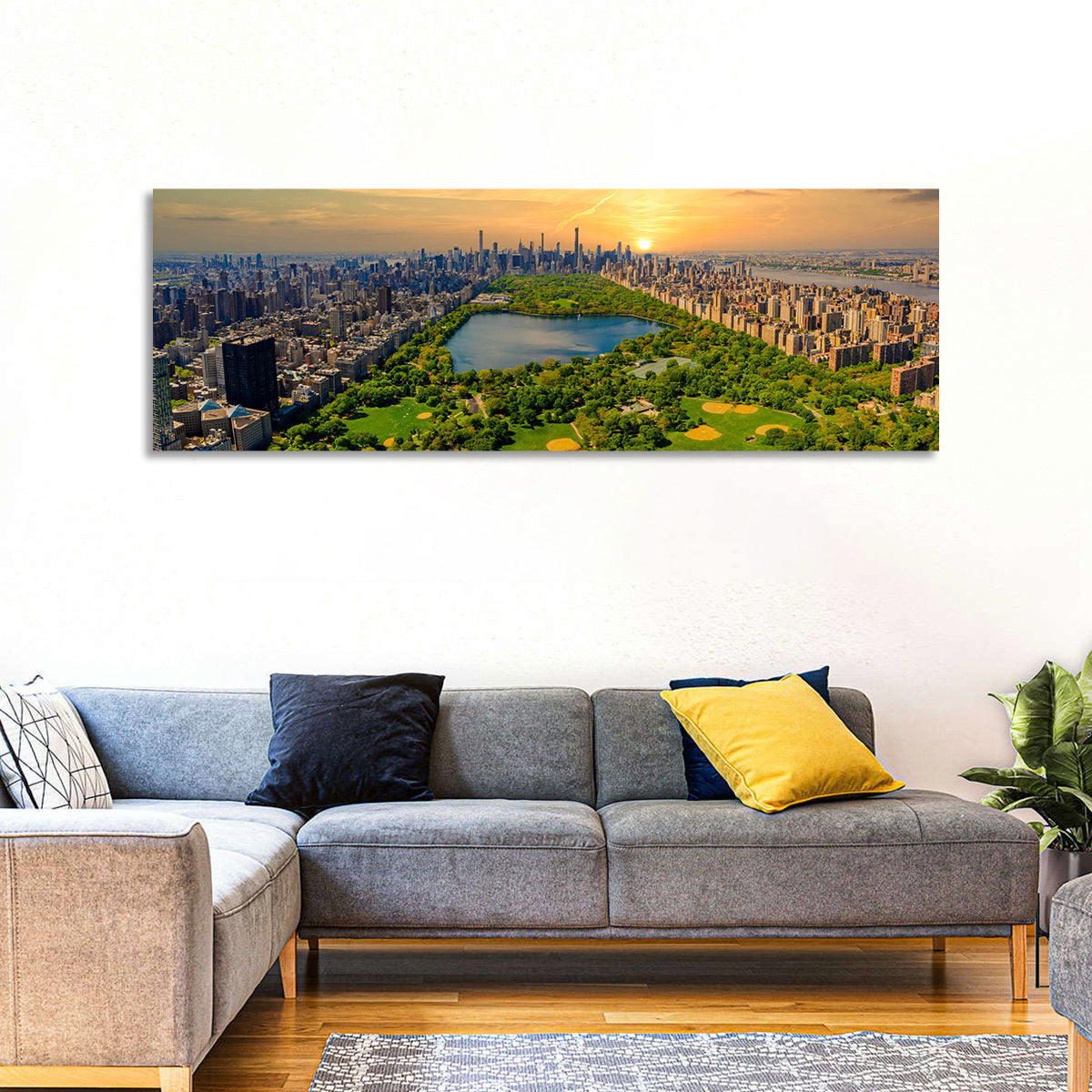Central Park Reservoir at Dusk Wall Art in a room, panoramic