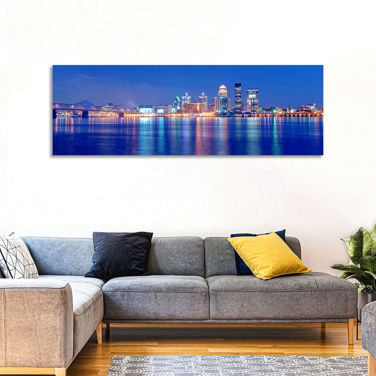 Louisville Skyline at Dusk Wall Art in a room, panoramic