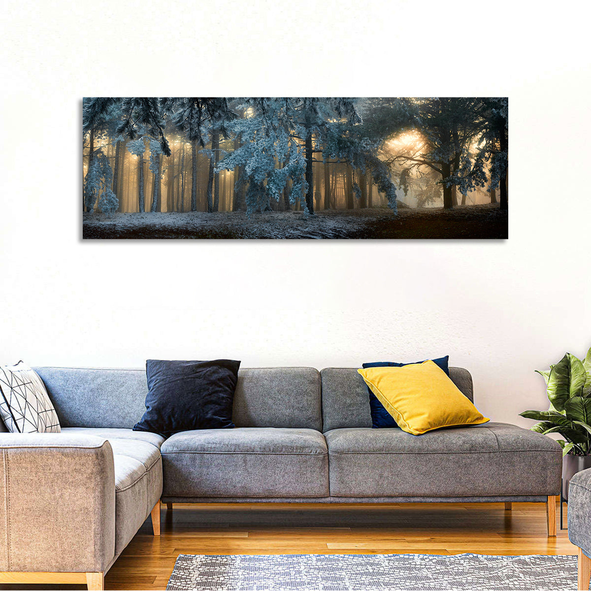 Sunlit Snow Covered Forest Wall Art in a room, panoramic