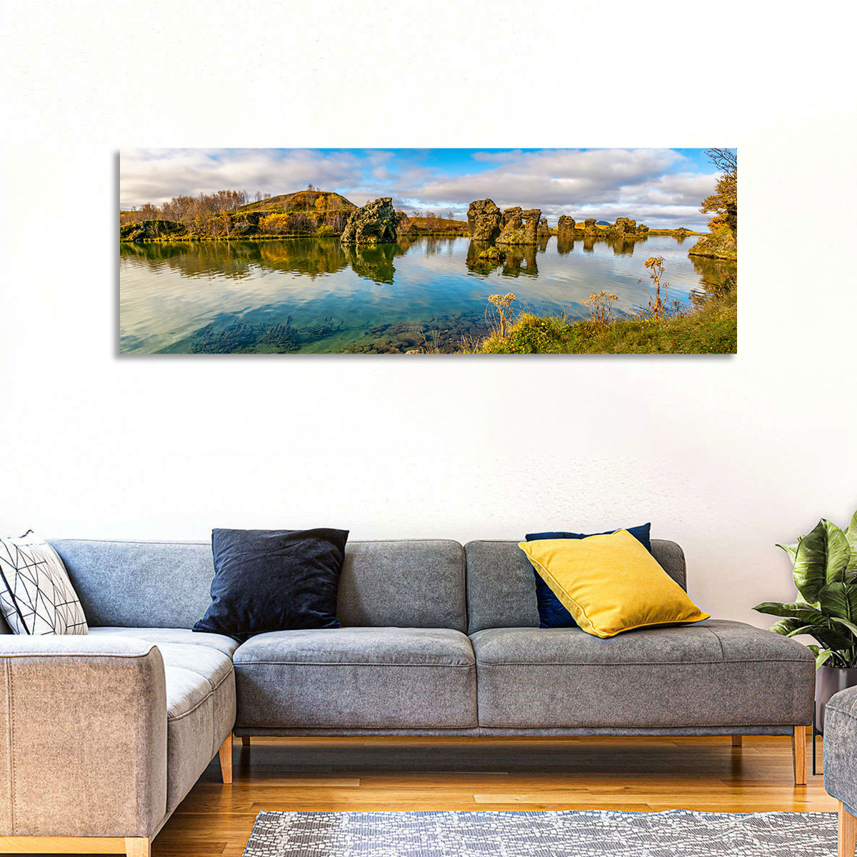 Myvatn Volcanic Rock Reflections Wall Art in a room, panoramic