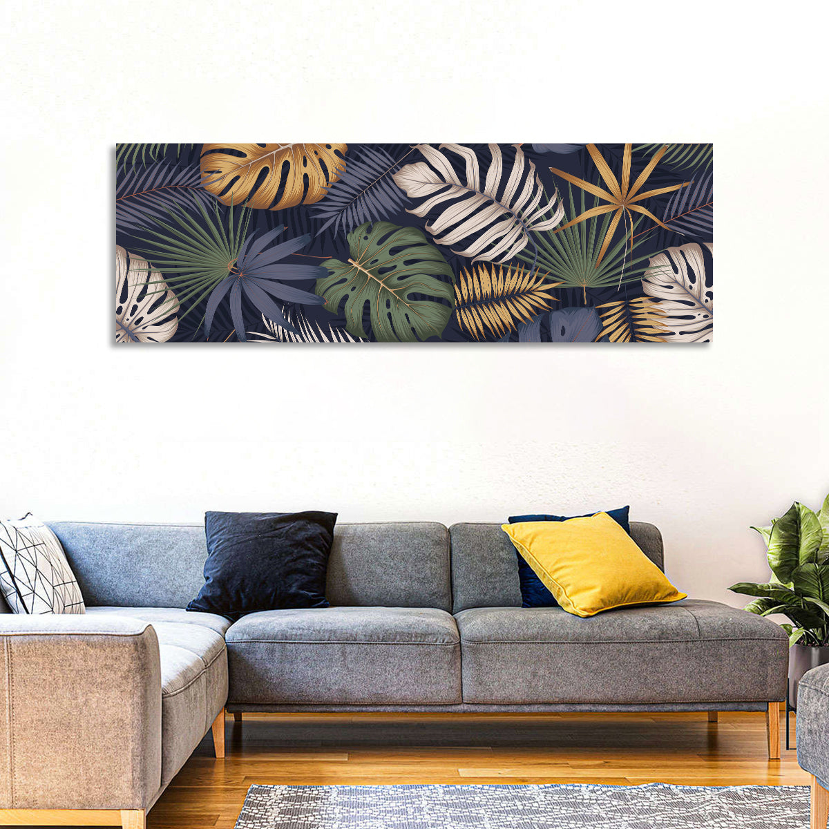 Layered Tropical Leaves Pattern Wall Art in a room, panoramic