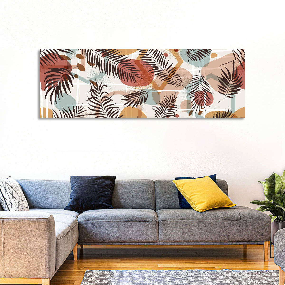 Geometric Tropical Leaves Wall Art in a room, panoramic