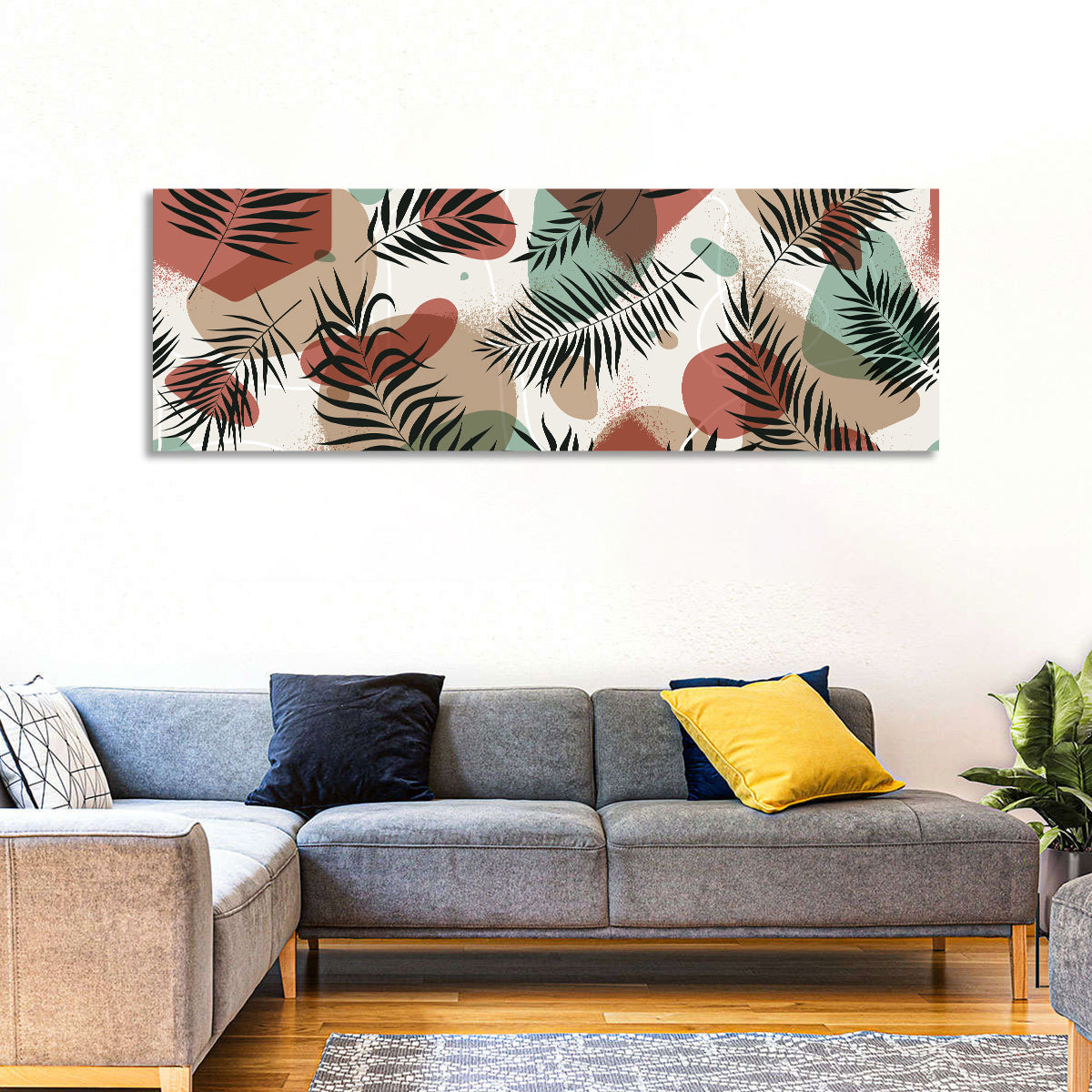 Geometric Tropical Pattern Wall Art in a room, panoramic