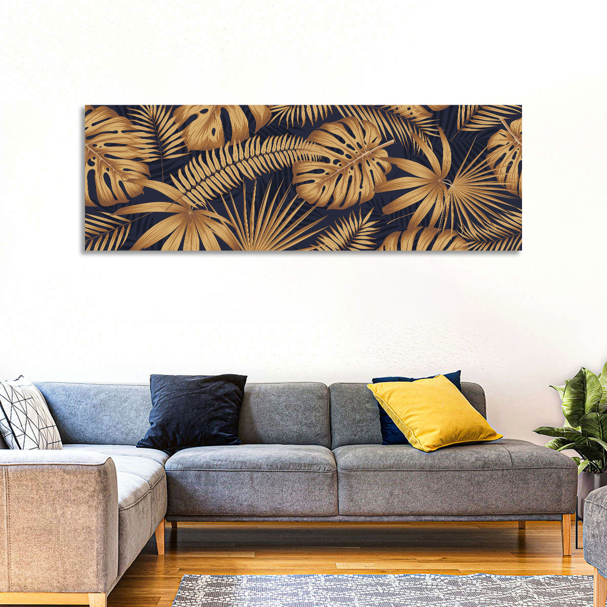 Golden Tropical Leaves Wall Art in a room, panoramic