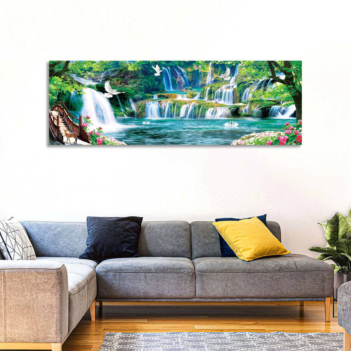 Heavenly Waterfall Scene Wall Art in a room, panoramic