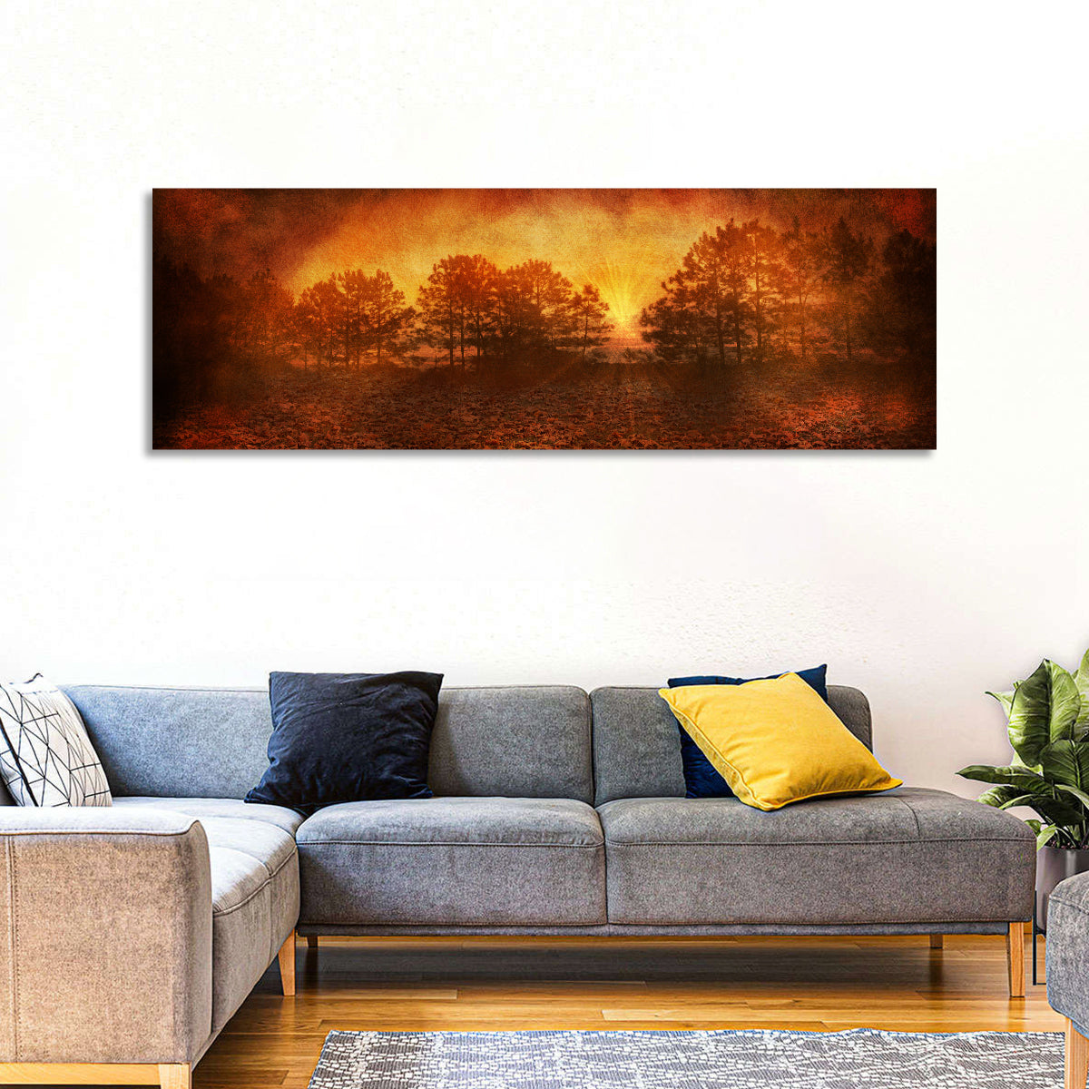 Autumn Forest Sunset Wall Art in a room, panoramic