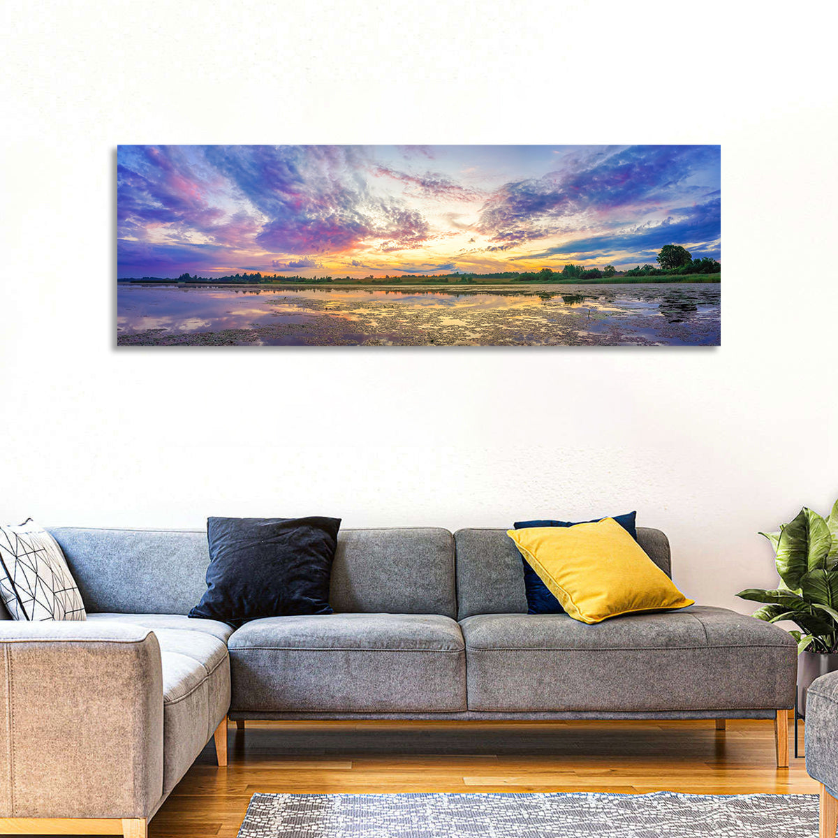 Golden Sunrise Over Lake Wall Art in a room, panoramic