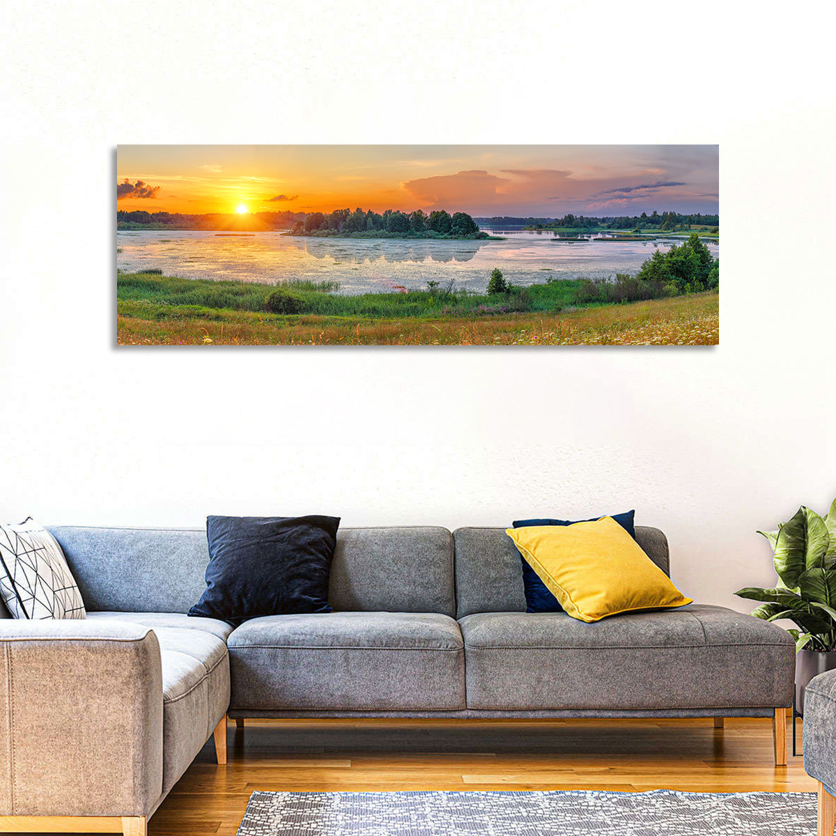 Sunset Over Lake Wall Art in a room, panoramic