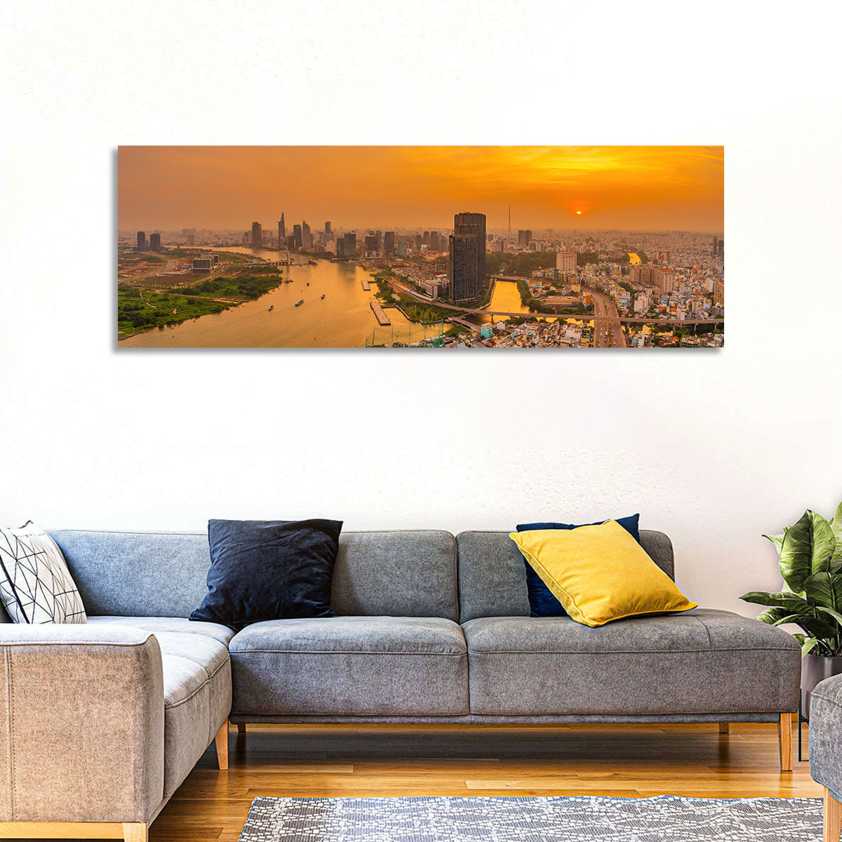 Landmark 81 Golden Hour Skyline Wall Art in a room, panoramic