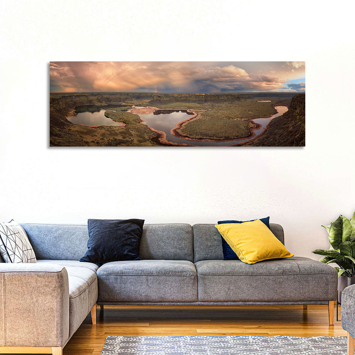 Soap Lake Storm Rainbow Wall Art in a room, panoramic
