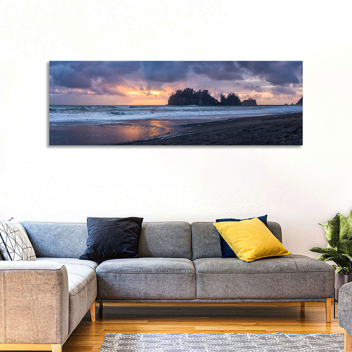 Rialto Beach Sea Stacks at Sunset Wall Art in a room, panoramic