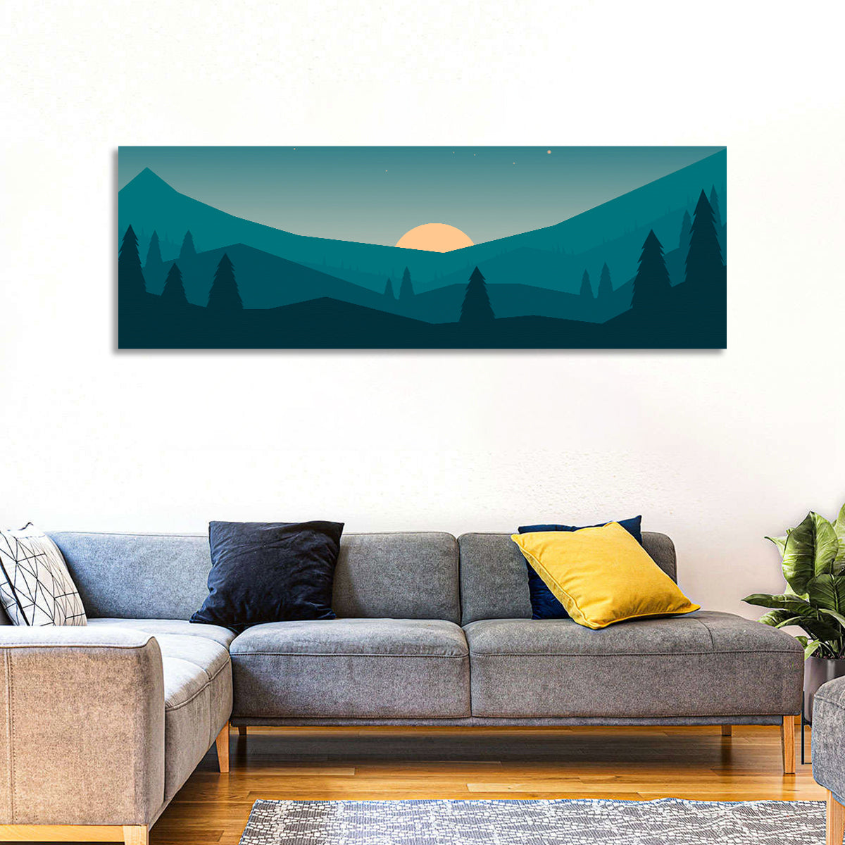 Black Forest Sunset Illustration Wall Art in a room, panoramic