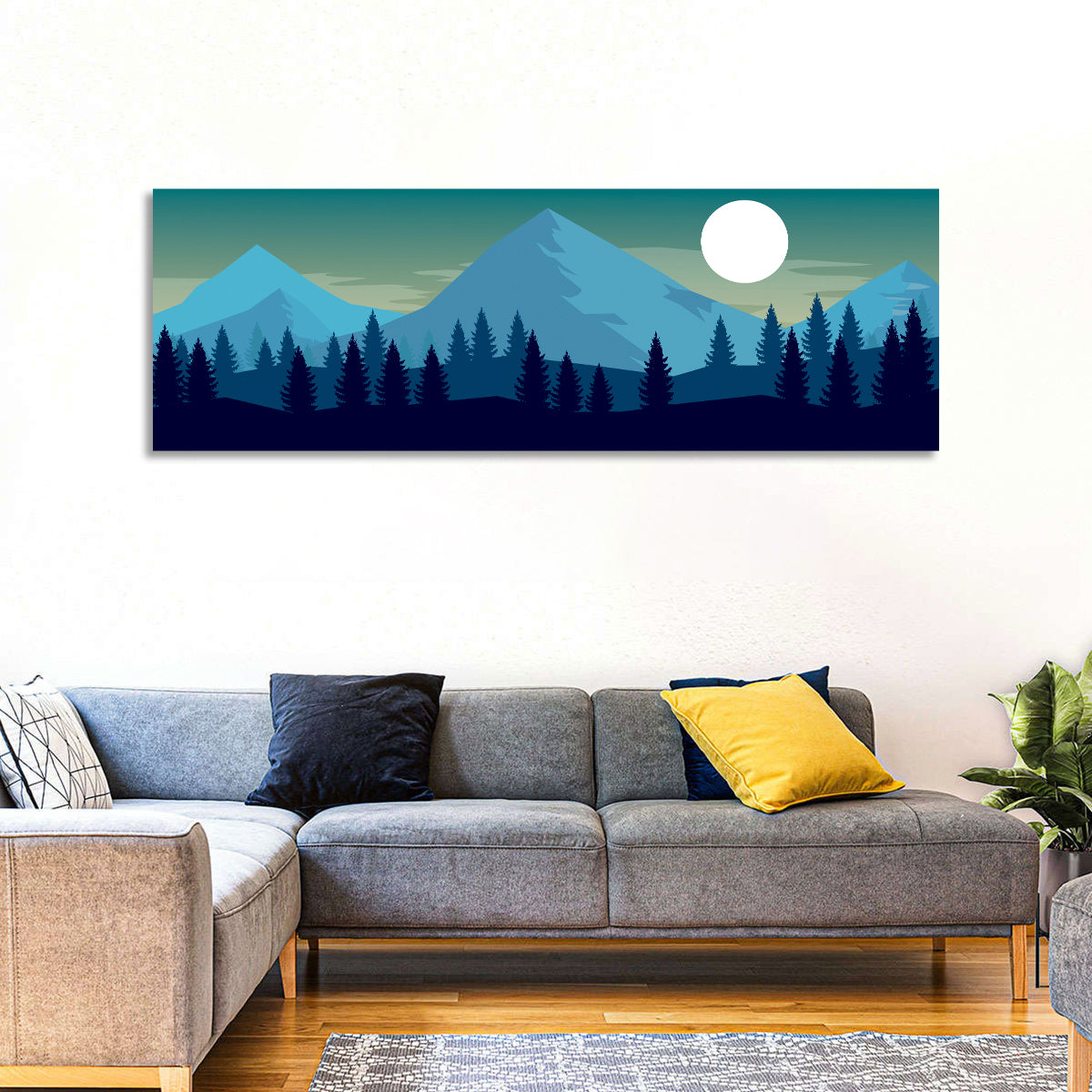 Moonlit Snowy Mountain Forest Wall Art in a room, panoramic