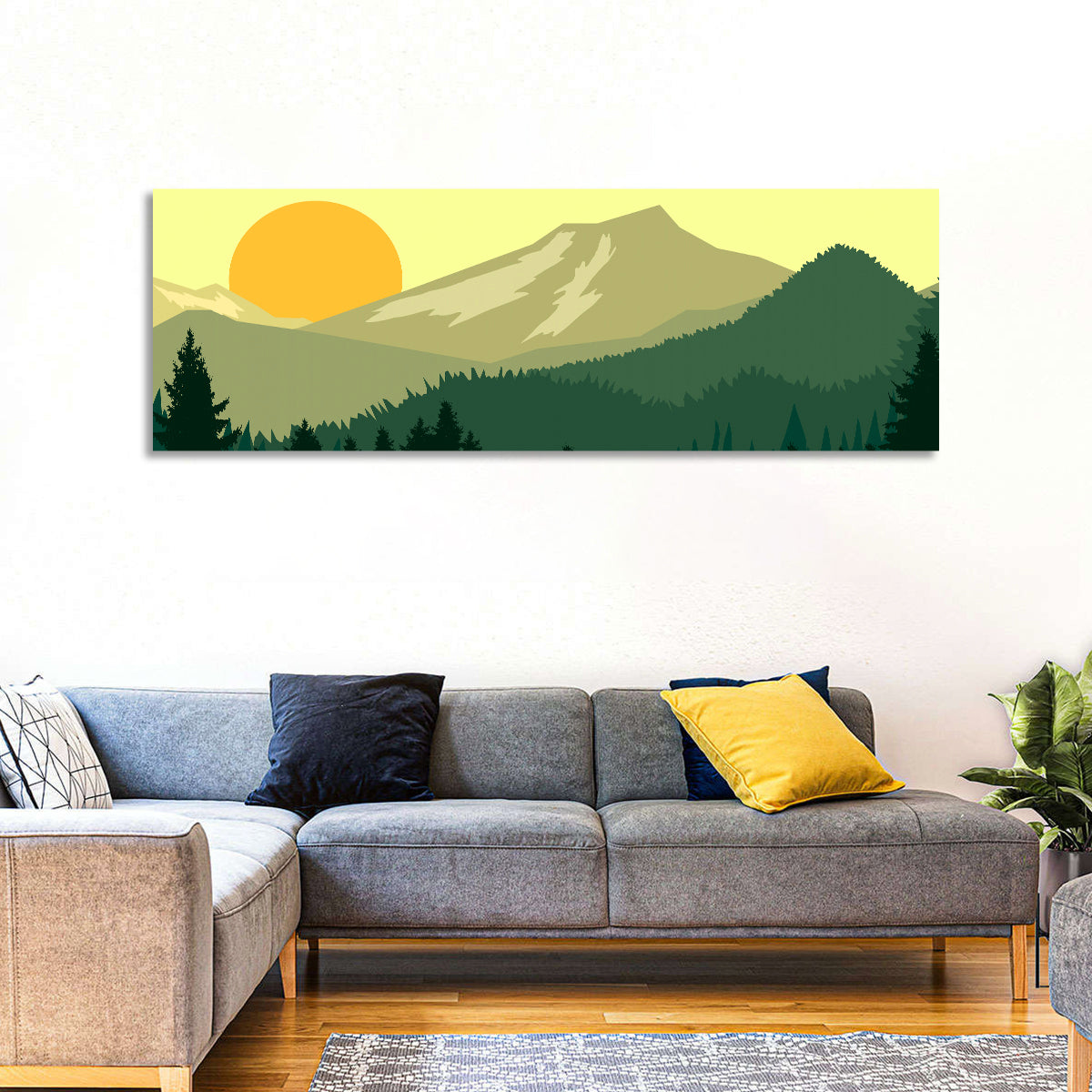 Sunset Over Green Mountains Wall Art in a room, panoramic