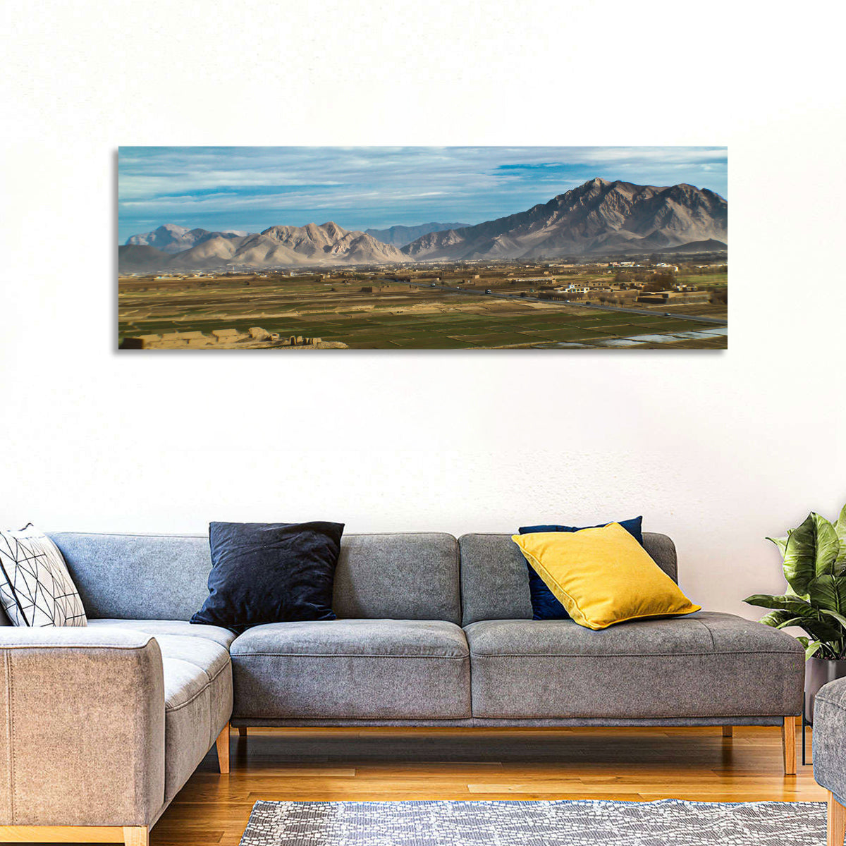Patchwork Farmland Landscape Wall Art in a room, panoramic