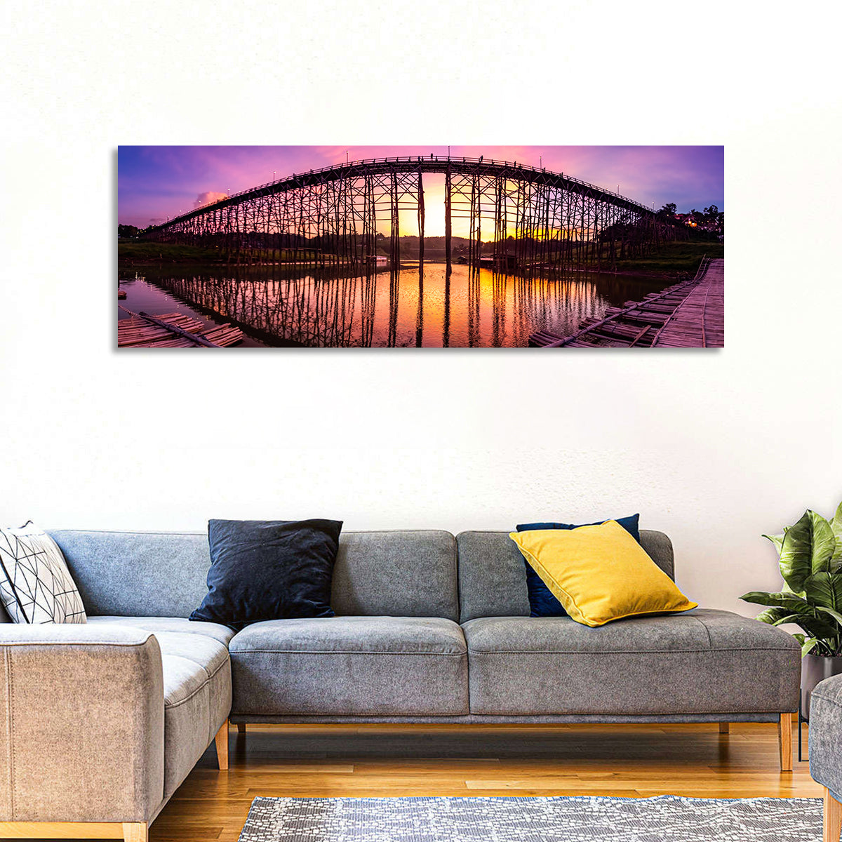 Mon Bridge Sunset, Sangkhlaburi Wall Art in a room, panoramic