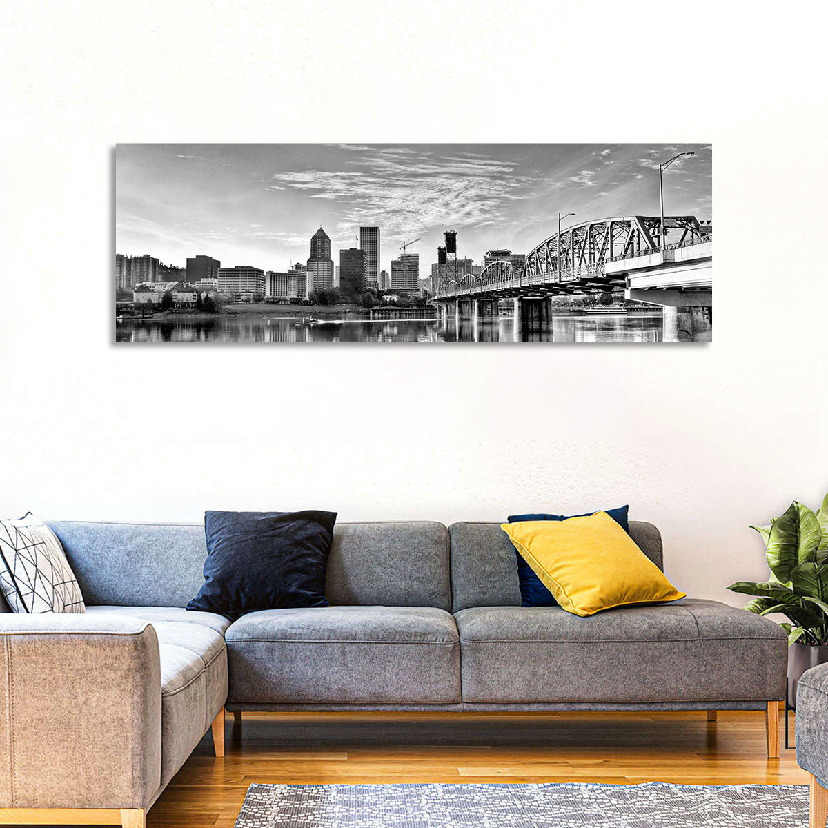 Portland Hawthorne Bridge Skyline Wall Art in a room, panoramic