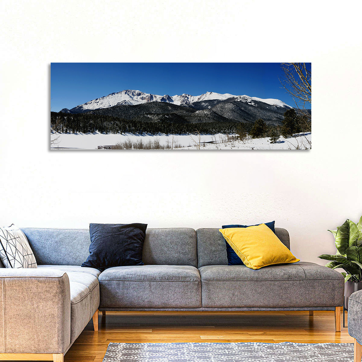 Pikes Peak Winter View Wall Art in a room, panoramic