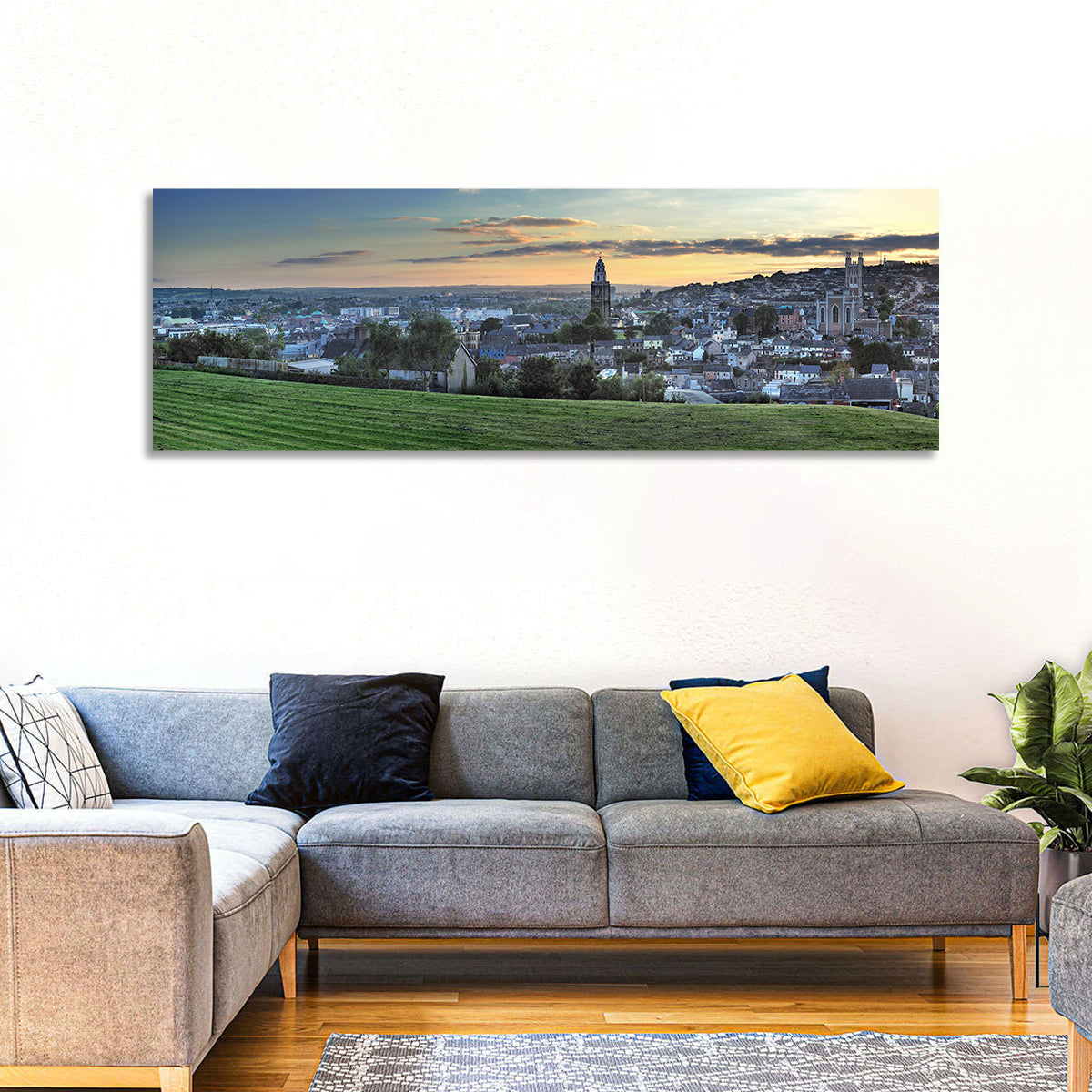Cork Sunset Skyline Wall Art in a room, panoramic