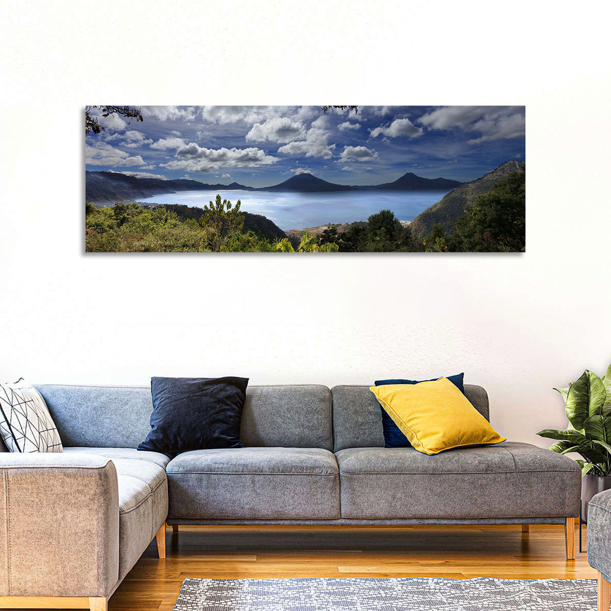 Lake Atitlán View Wall Art in a room, panoramic