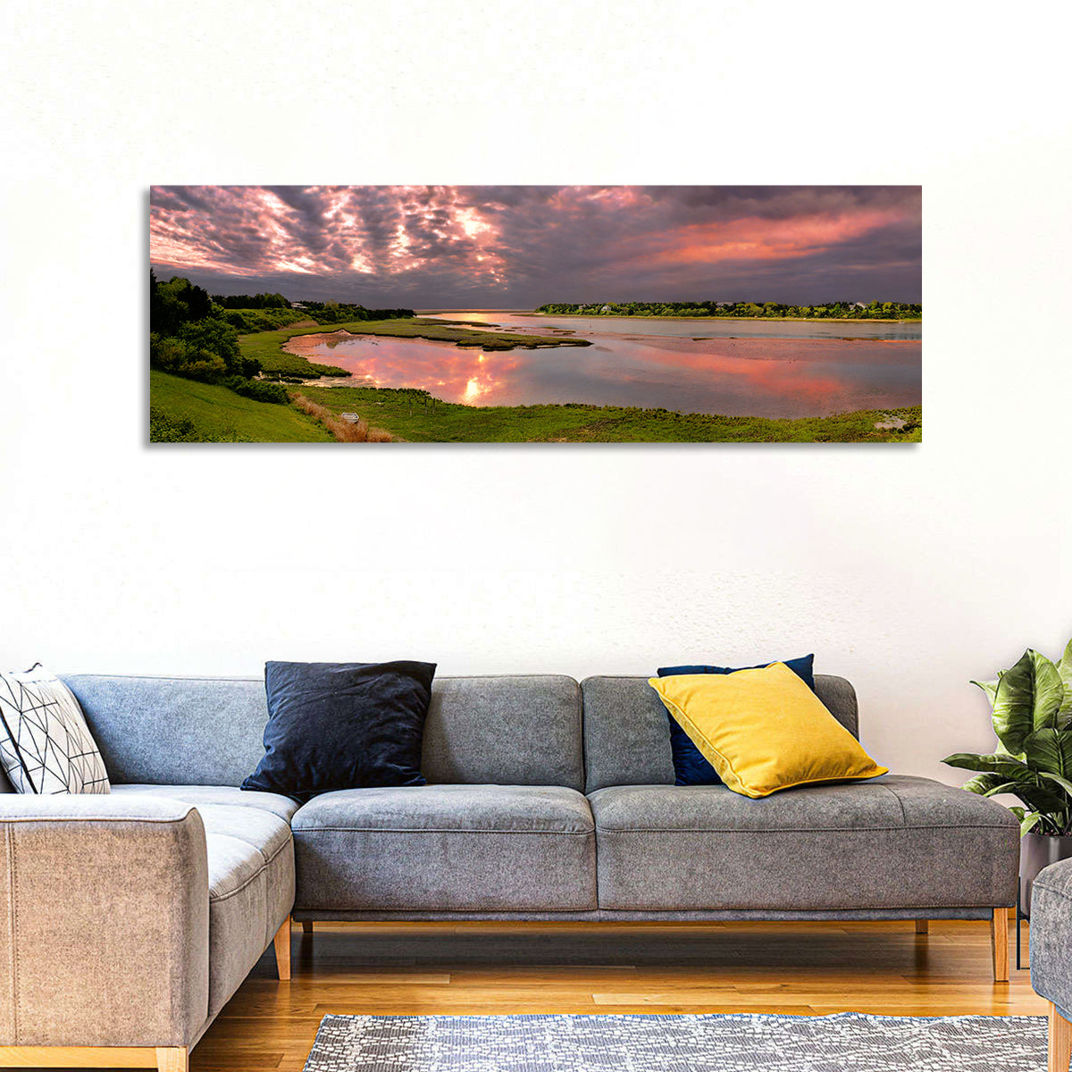 Cape Cod Cloudy Sunrise Wall Art in a room, panoramic