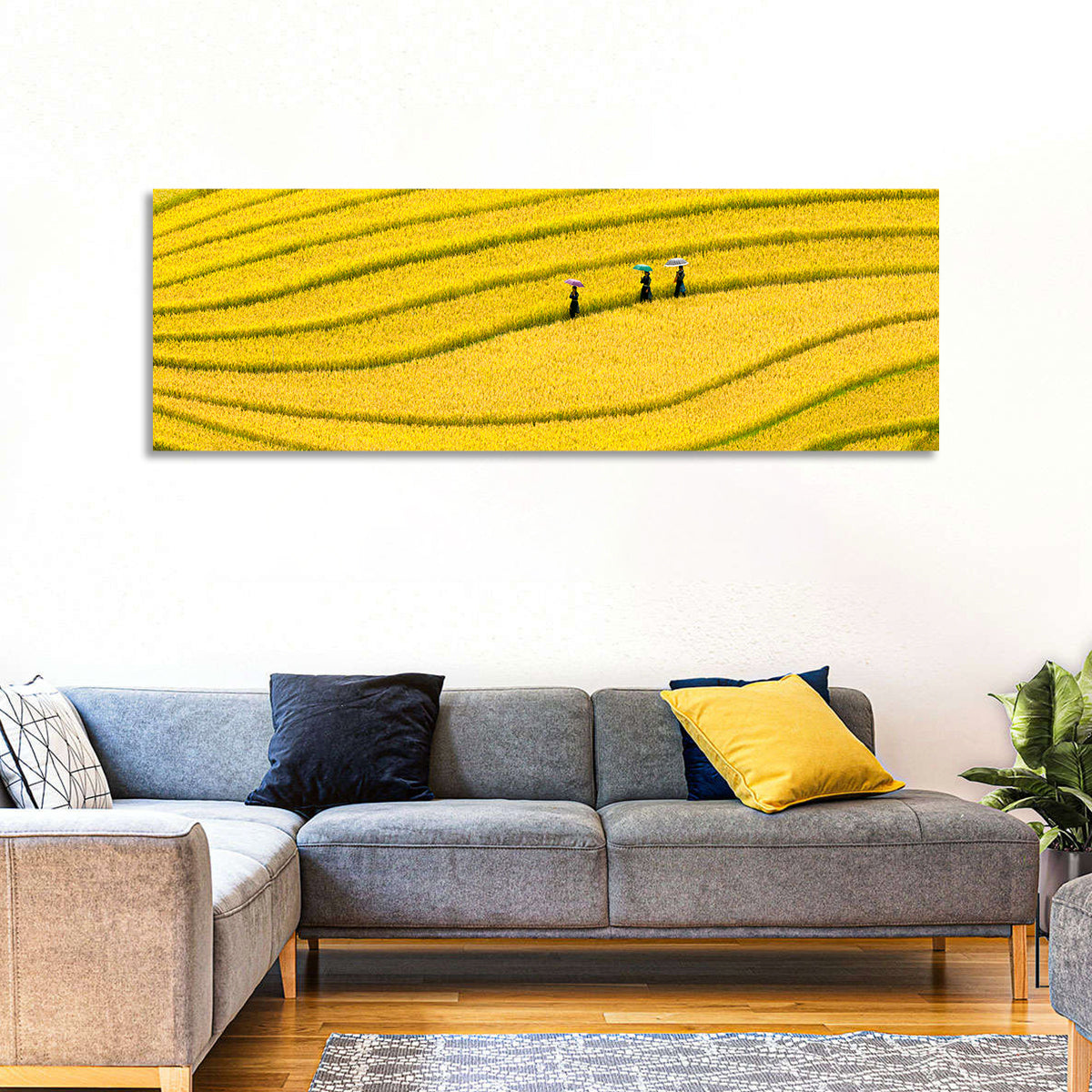 Golden Rice Terraces with Umbrellas Wall Art