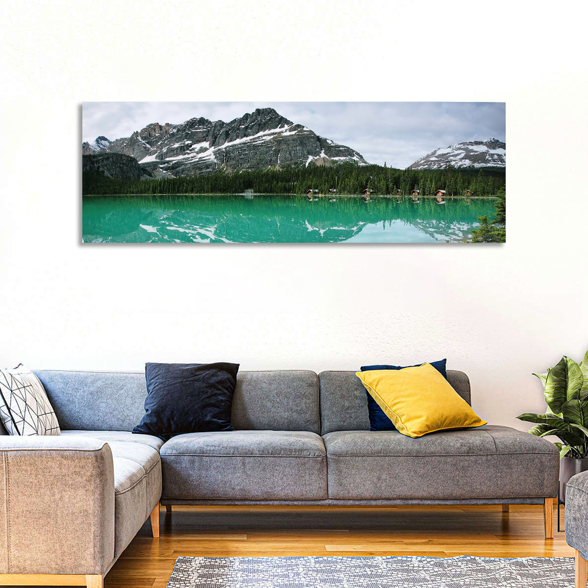 Lake Ohara Turquoise Reflection Wall Art in a room, panoramic