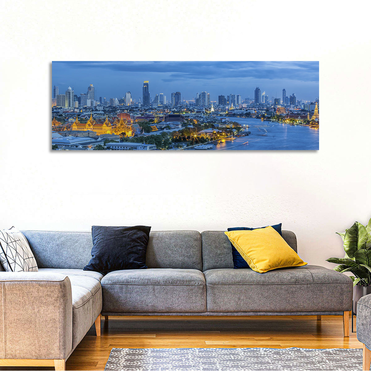 Bangkok Skyline at Blue Hour Wall Art in a room, panoramic