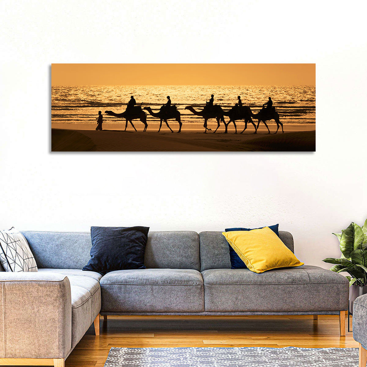 Camel Caravan Silhouette on Wet Sand Wall Art