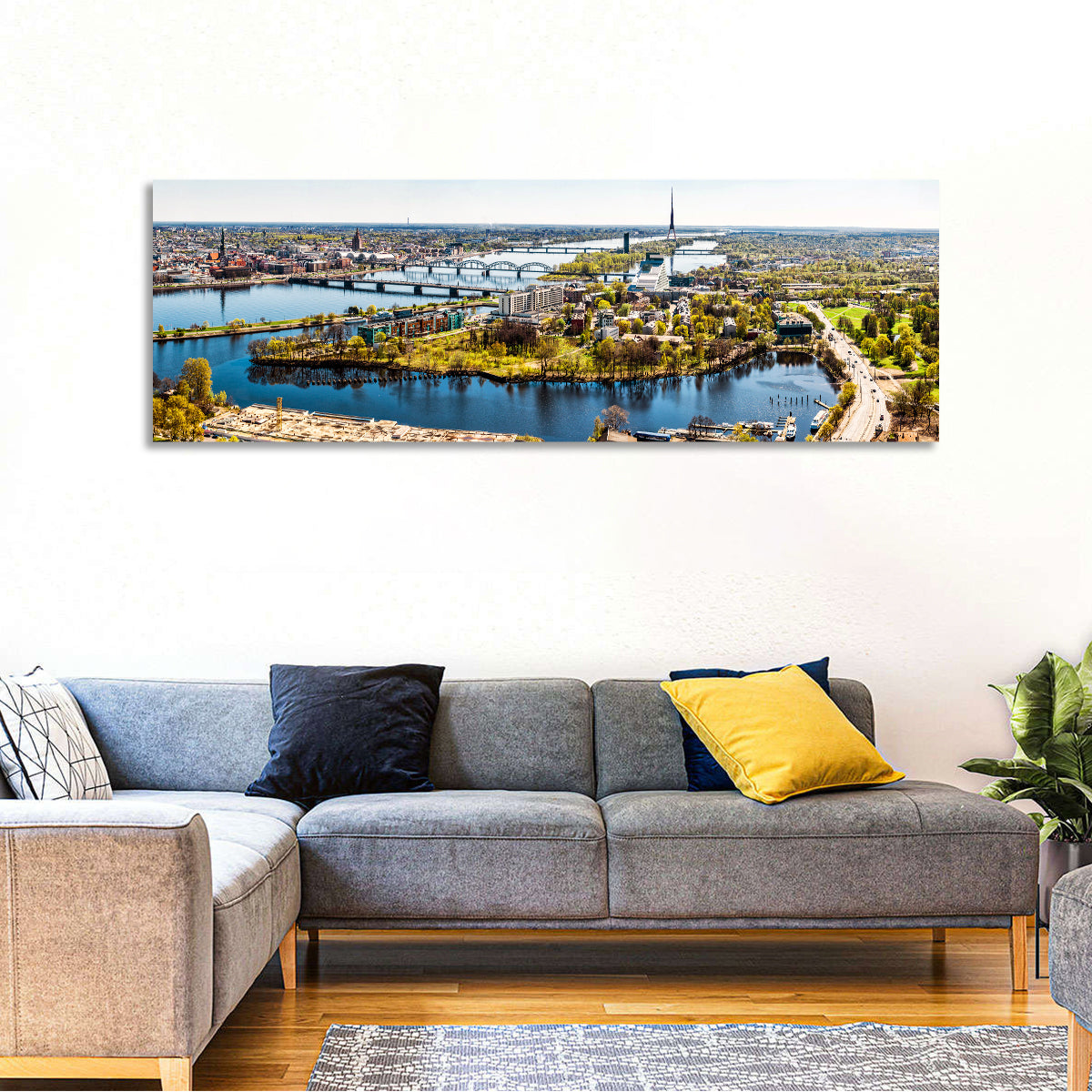 Riga Daugava River View Wall Art in a room, panoramic