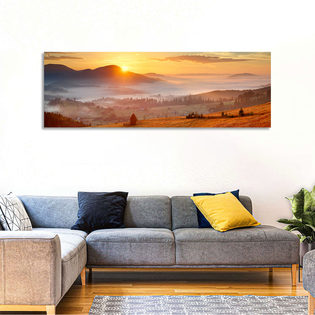 Foggy Mountain Village Wall Art in a room, panoramic