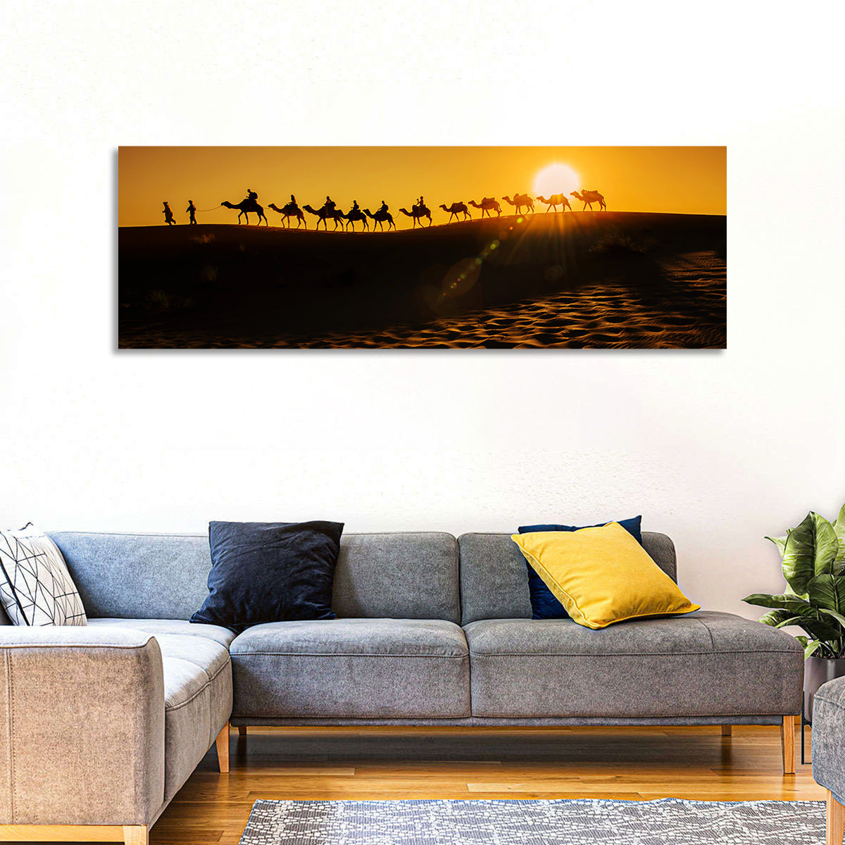Camel Caravan Silhouette at Golden Sunset Wall Art