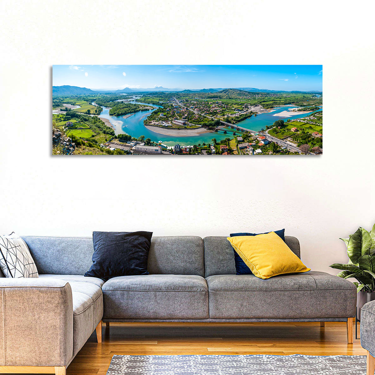 Shkodër River Valley Wall Art in a room, panoramic