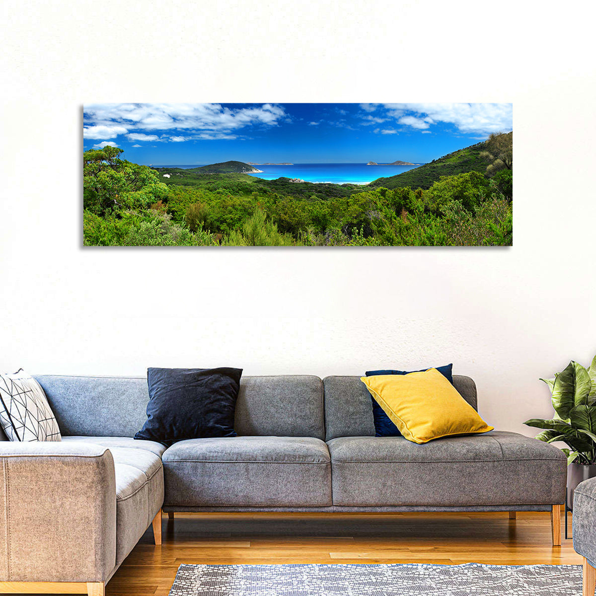 Wilsons Promontory Coastal Panorama Wall Art in a room, panoramic
