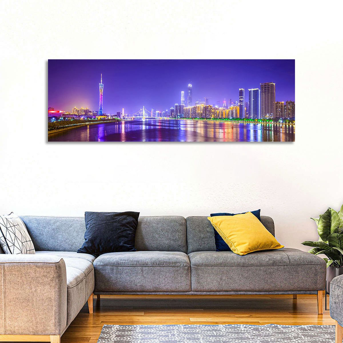Guangzhou Skyline Night Over Pearl River Wall Art in a room, panoramic