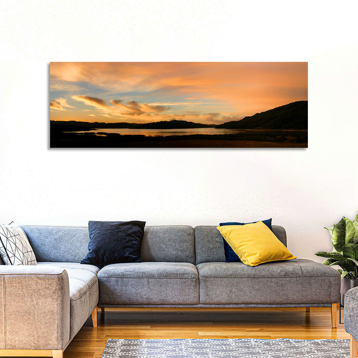 Lake Casitas Sunrise Wall Art in a room, panoramic