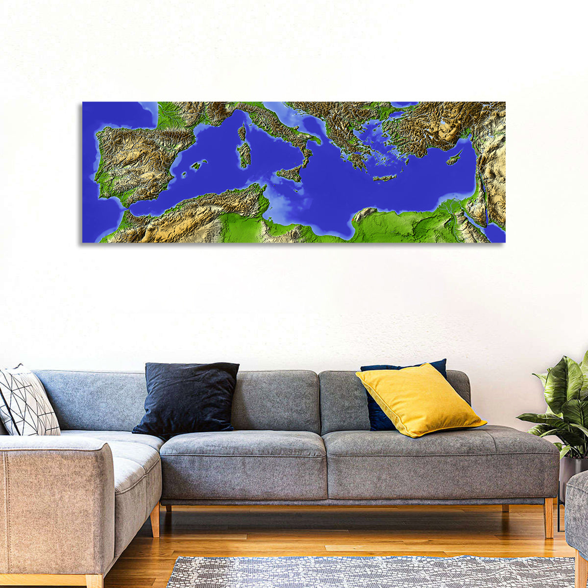 Mediterranean Sea Shaded Relief Map Wall Art in a room, panoramic