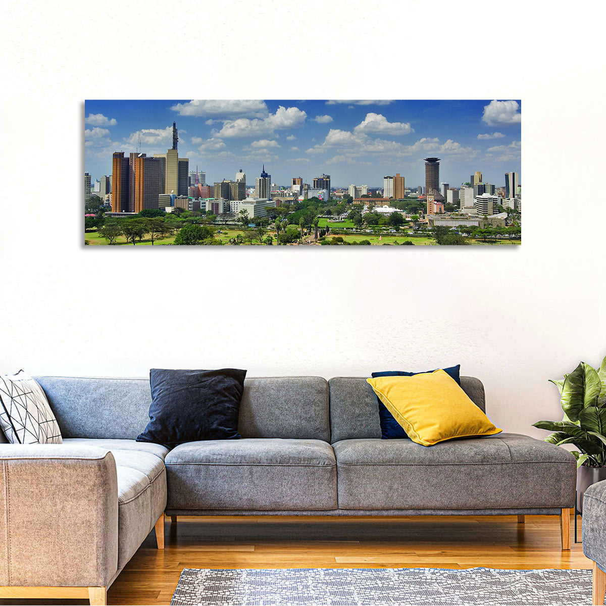 Nairobi Skyline Wall Art in a room, panoramic