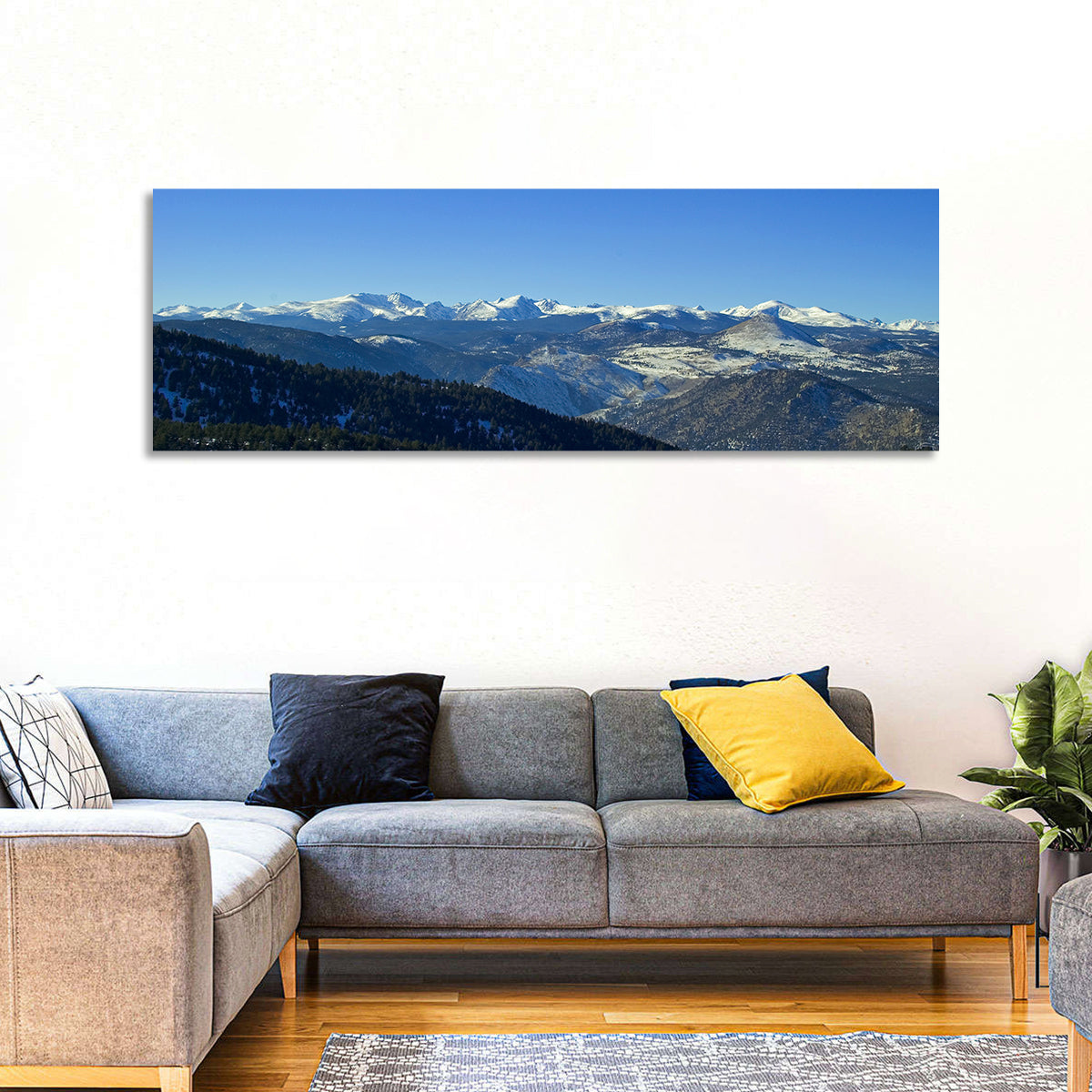Snow-dusted Colorado Rockies Wall Art in a room, panoramic