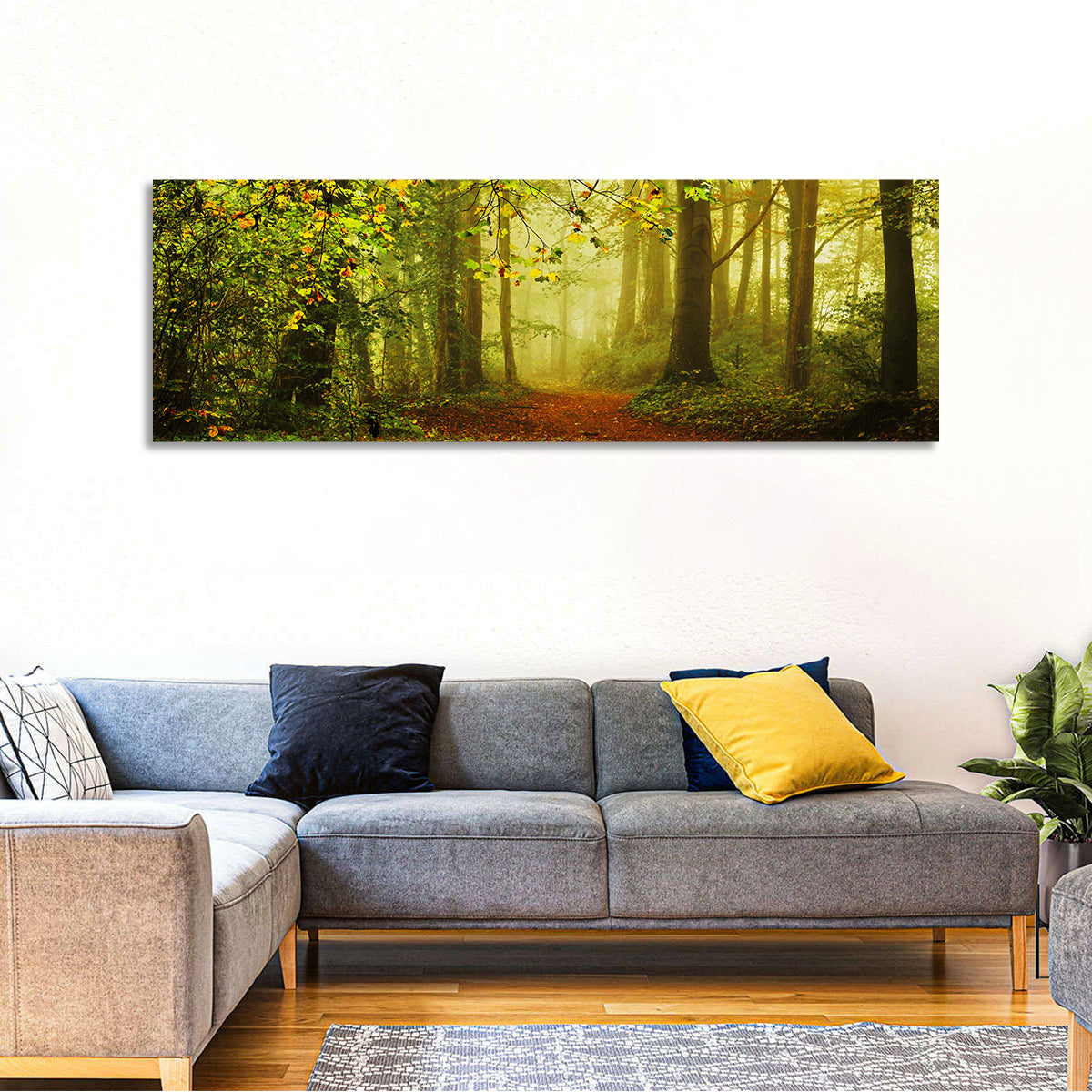 Smoggy Forest Wall Art in a room, panoramic