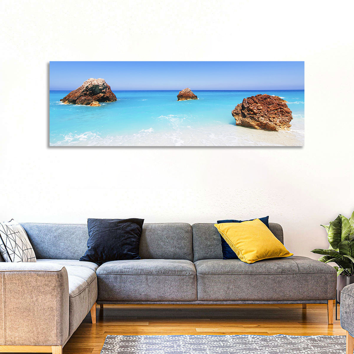 Lefkada Three Rocks Seascape Wall Art in a room, panoramic