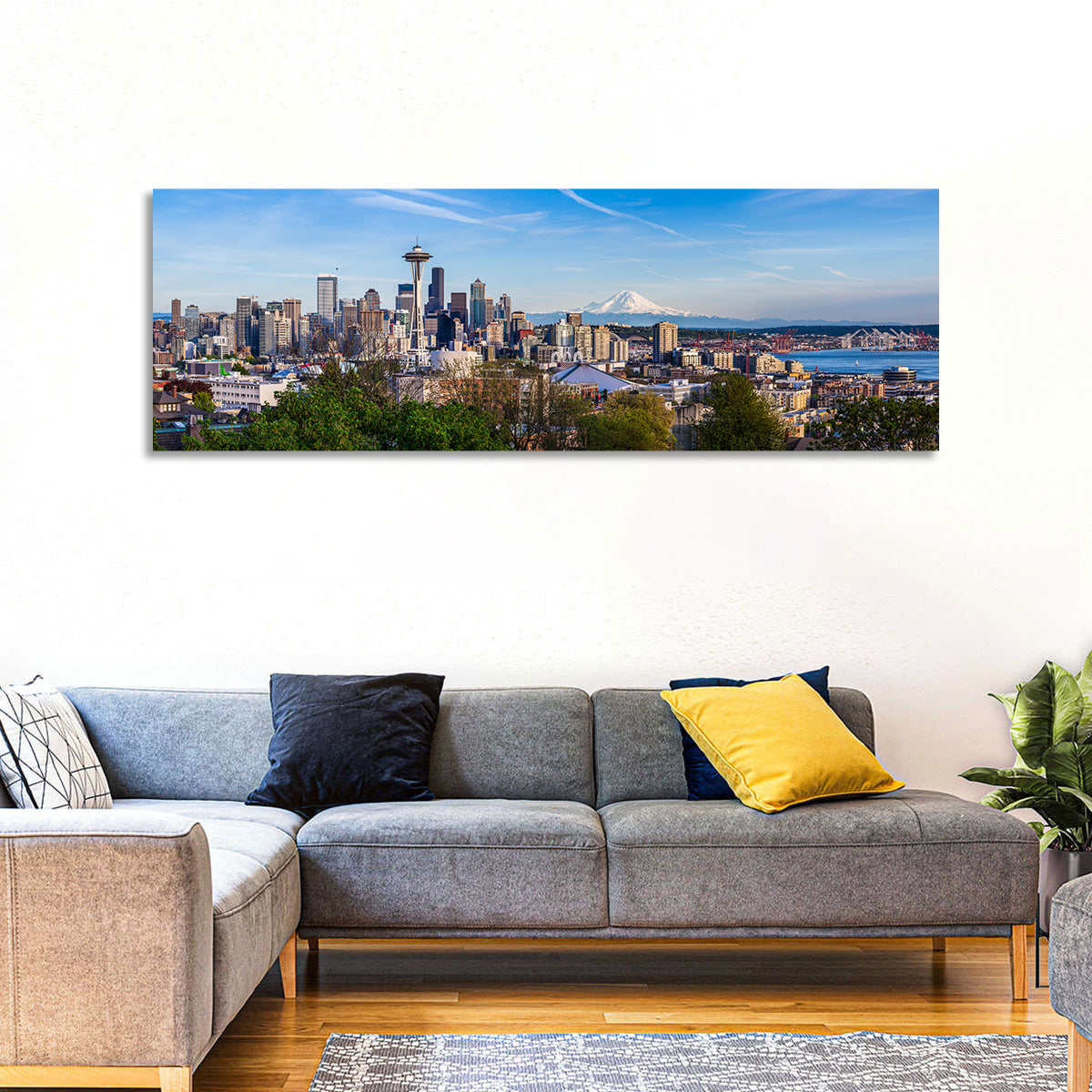 Seattle Skyline with Mount Rainier Wall Art in a room, panoramic