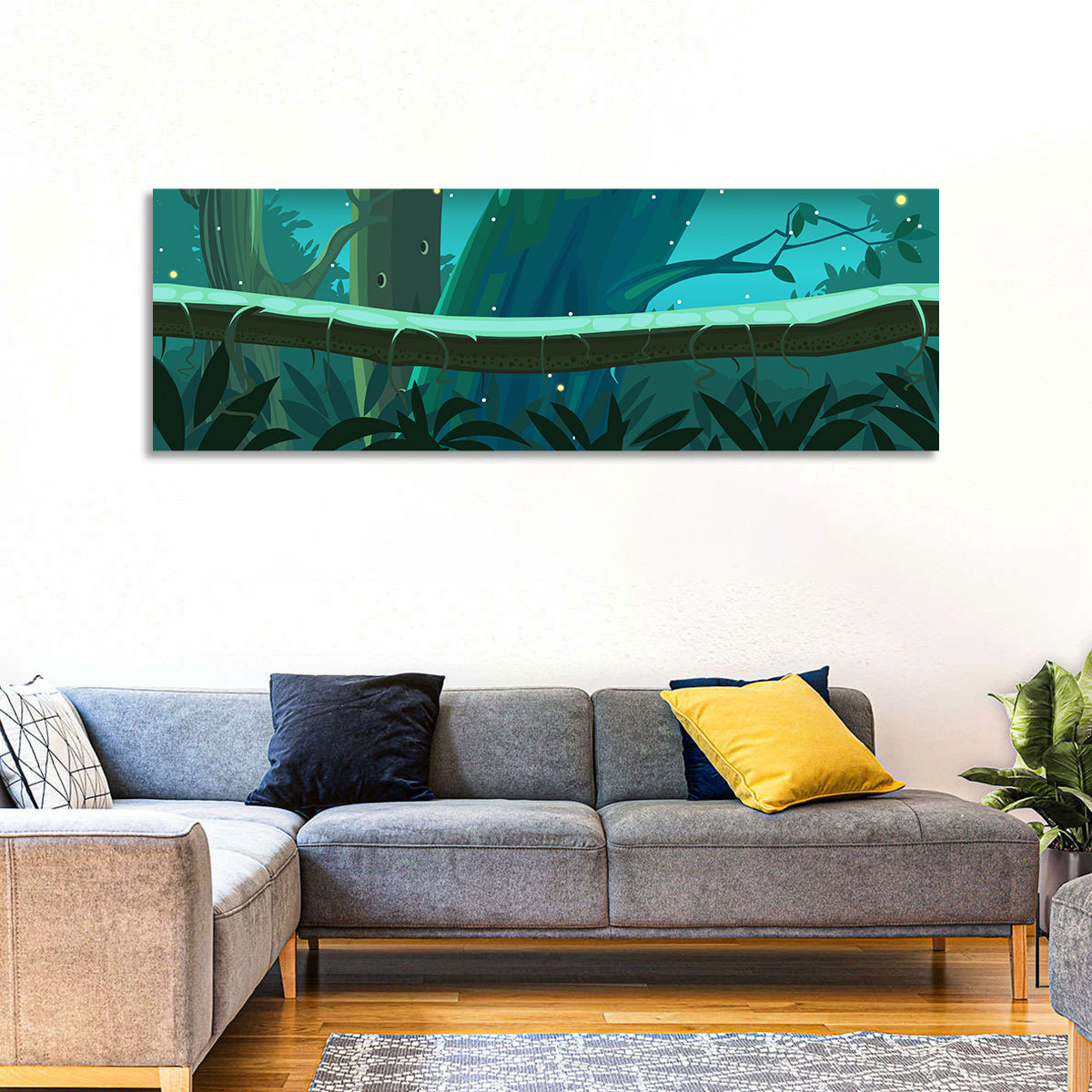 Digital Jungle Night Wall Art in a room, panoramic